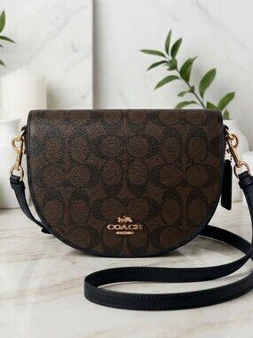 Coach C1430 Ellen Saddle Bag Signature Canvas Crossbody Handbag Dark Brown/Black